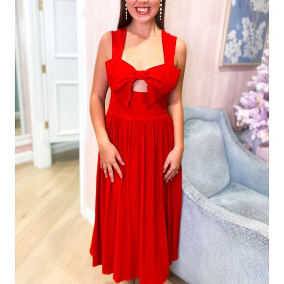 FARM RIO Anthropologie Red Bow Detail Midi Dress Sleeveless Sweetheart NWT L - Picture 8 of 10